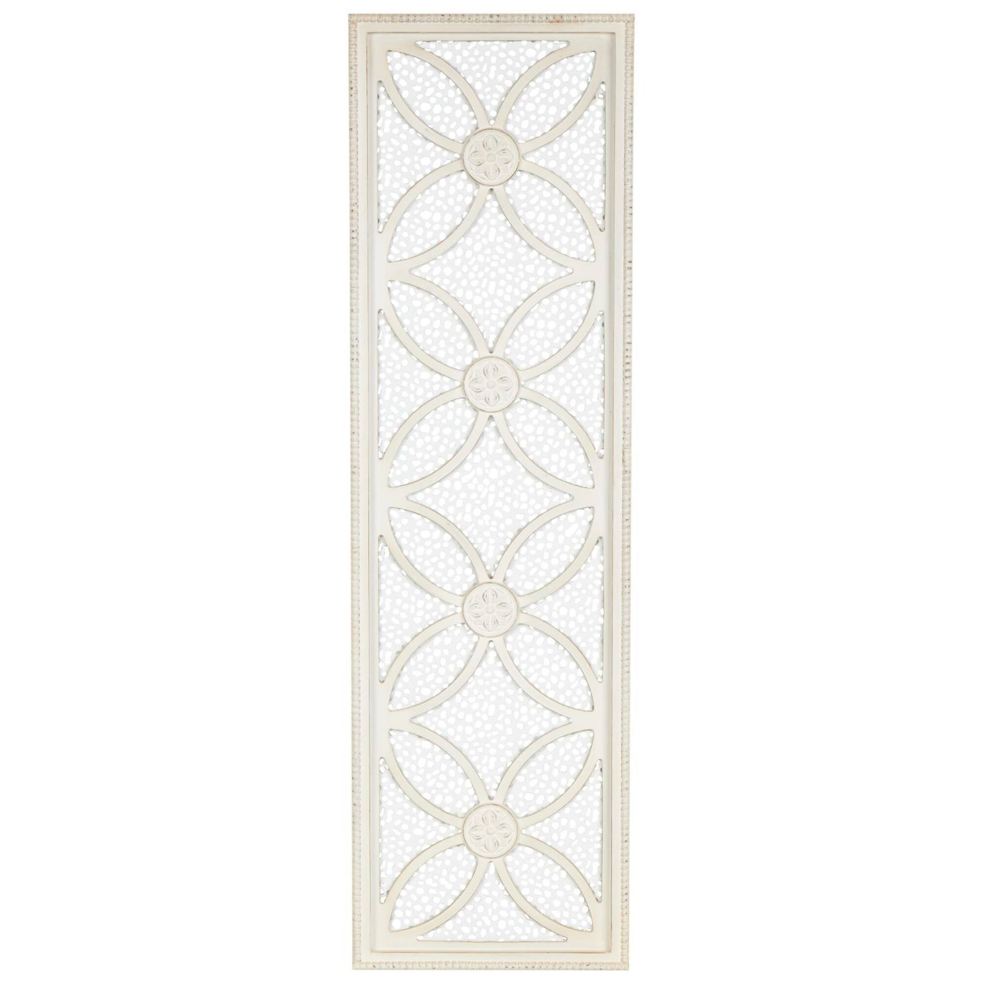 White wooden floral panel wall decor with cutout metal backing and beaded frame.